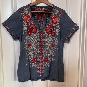 Embroidered Floral V-Neck Top - Blue and Red